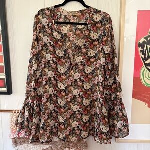 Show Me Your MuMu Floral Bell Sleeve Blouse in Cream, Pink, Burgundy & Olive